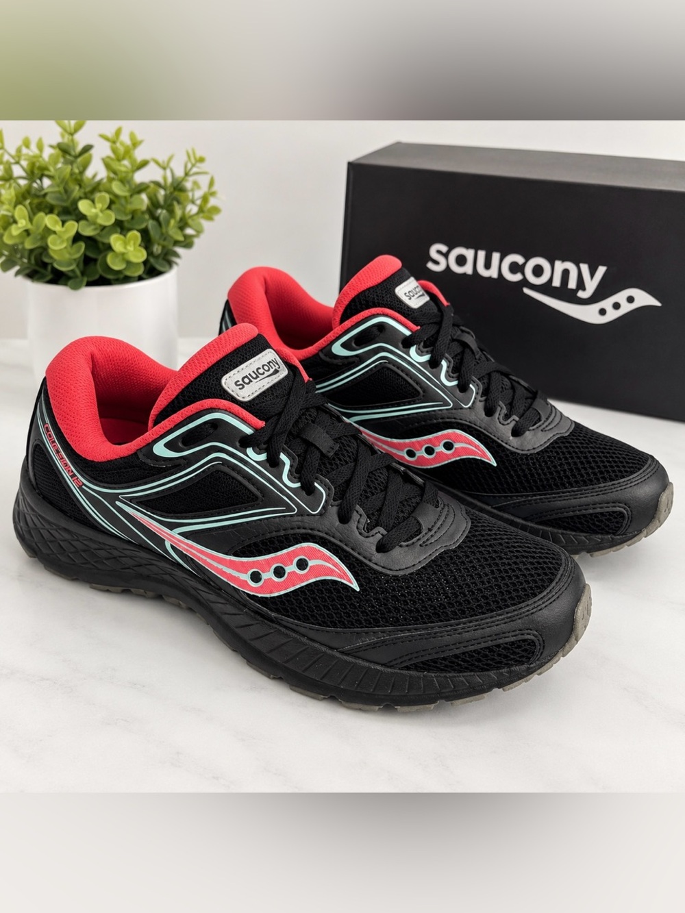 Saucony Women's Black Running Shoes with Coral & Mint Accents Size 9.5